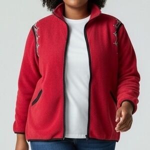 Bob Mackie Wearable Art Red Fleece Vtg Jacket 1X Southwestern tribal 90s Y2K‎